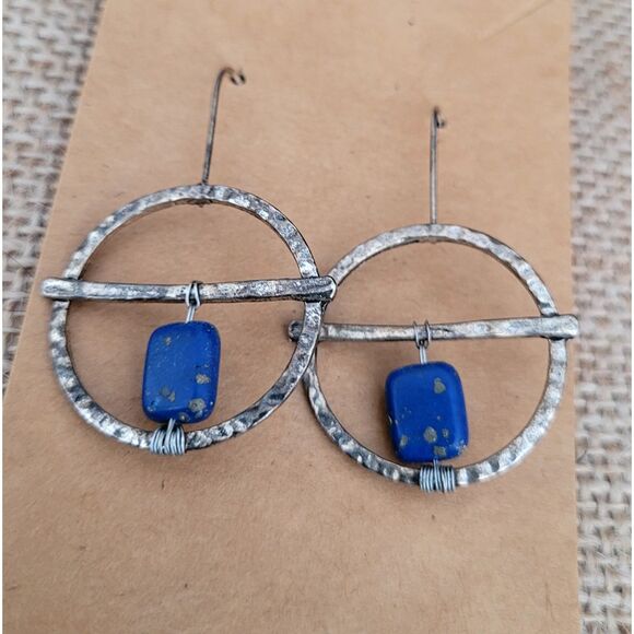 1-1/8" Round Dangle Earrings French Wire wrapped Lapis Rectangle Silver Alloy - Picture 2 of 3